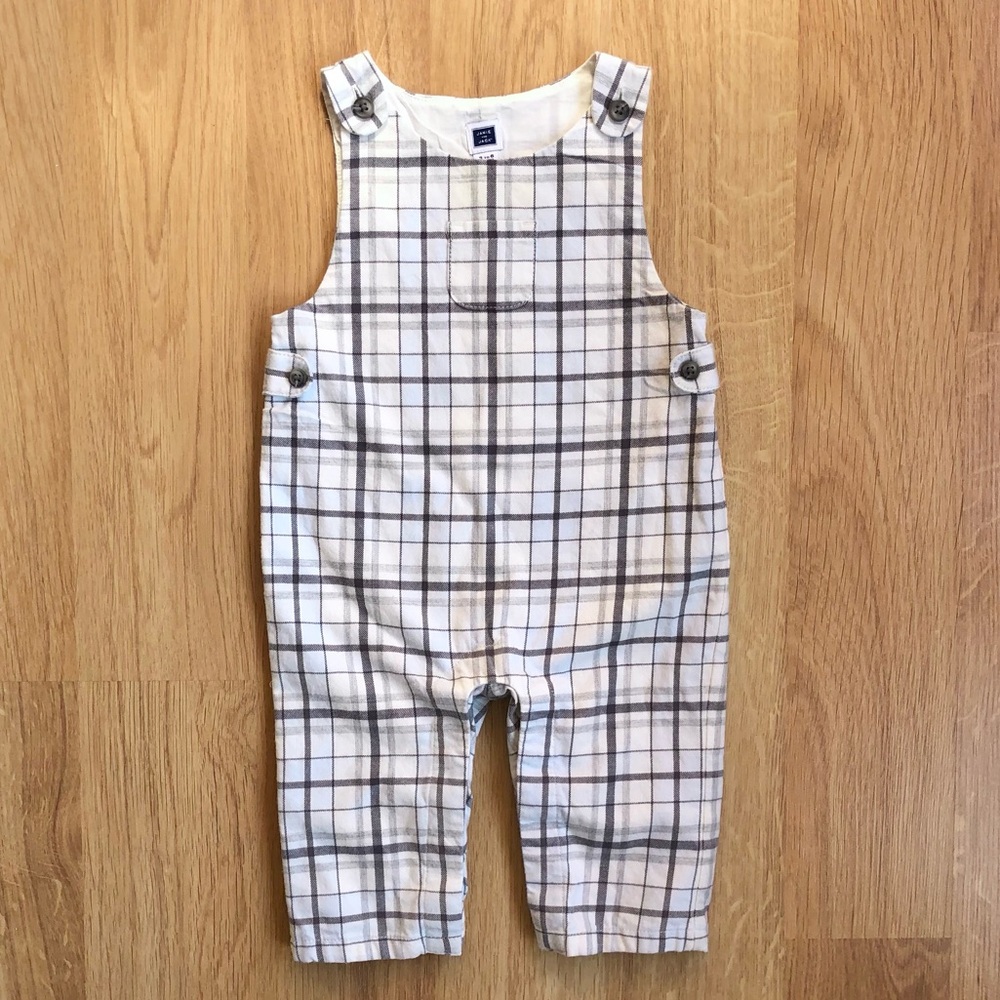 EUC Janie and Jack Baby Boy Plaid Overalls-White, Baby Blue and Gray Stripes